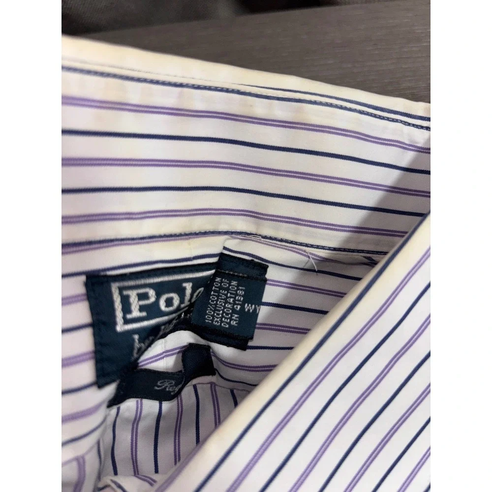 Polo Ralph Lauren Regent Dress Shirt Mens 17 43 Striped Purple Blue‎ Cotton READ